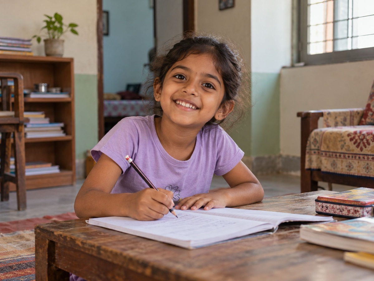 A smiling girl writing in her notebook at a wooden table
