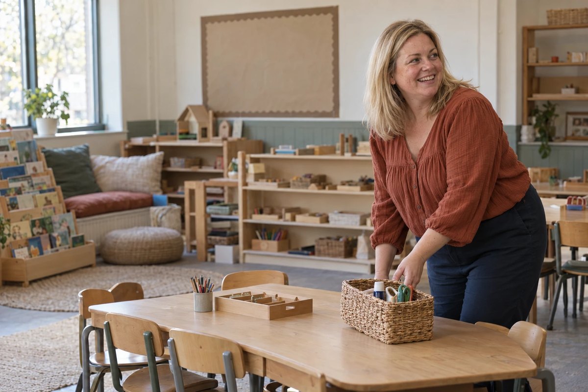 A smiling educator setting out materials in a bright, newly prepared classroom