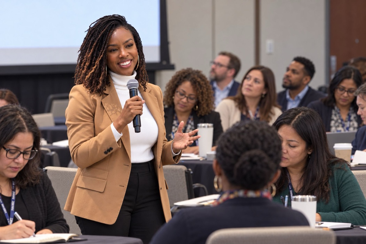 A speaker in a camel blazer addressing a room of educators