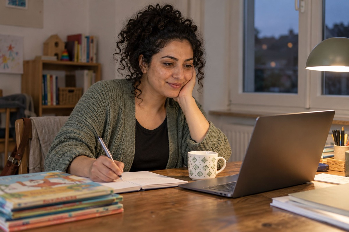 A teacher taking notes during an online course at her desk in the evening